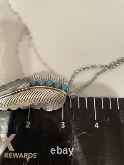 Vintage Navajo Sterling Silver & Turquoise Feather Pin/Pendant Necklace 18