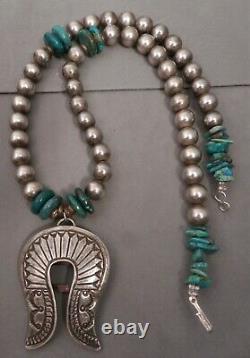 Vintage Navajo Sterling Silver & Turquoise Naja & Bead Necklace