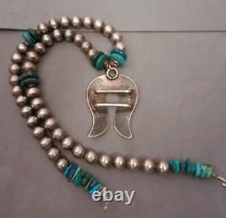 Vintage Navajo Sterling Silver & Turquoise Naja & Bead Necklace