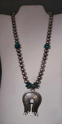 Vintage Navajo Sterling Silver & Turquoise Naja & Bead Necklace