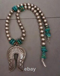 Vintage Navajo Sterling Silver & Turquoise Naja & Bead Necklace