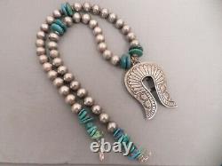 Vintage Navajo Sterling Silver & Turquoise Naja & Bead Necklace