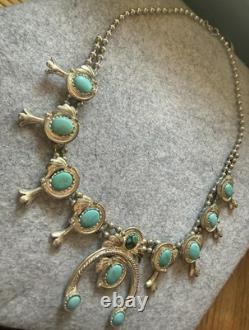 Vintage Navajo Sterling Silver Turquoise Squash Blossom Necklace 161g 24