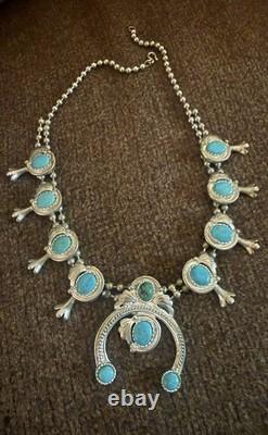 Vintage Navajo Sterling Silver Turquoise Squash Blossom Necklace 161g 24