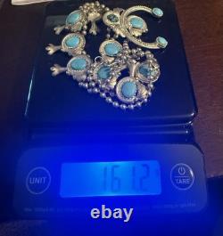 Vintage Navajo Sterling Silver Turquoise Squash Blossom Necklace 161g 24