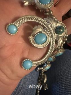 Vintage Navajo Sterling Silver Turquoise Squash Blossom Necklace 161g 24