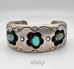 Vintage Navajo Sterling Silver Turquoise Stamped Shadowbox Cuff Bracelet