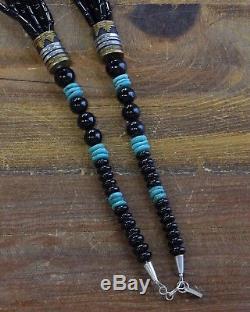 Vintage Navajo Sterling Silver, Turquoise, and Onyx Necklace By Tommy Singer