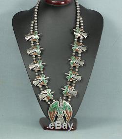 Vintage Navajo Sterling Squash Blossom Necklace Peyote Bird Turquoise Signed