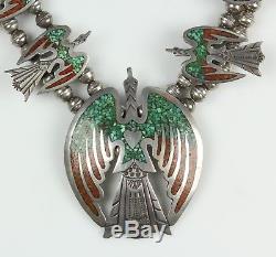 Vintage Navajo Sterling Squash Blossom Necklace Peyote Bird Turquoise Signed