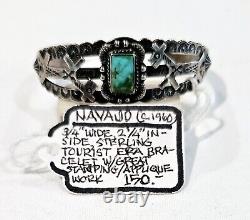 Vintage Navajo Sterling Tourist Era Bracelet with Unique Stamping and Turquoise