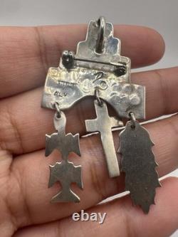 Vintage Navajo Style Sterling Pueblo Village, Corn & Cross Pendant/Brooch 2.15