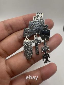 Vintage Navajo Style Sterling Pueblo Village, Corn & Cross Pendant/Brooch 2.15