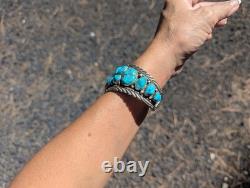 Vintage Navajo Turquoise Bracelet Signed Traditional 80s Jewelry Size 7.75 Tahe