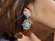 Vintage Navajo Turquoise Coral Cluster Dangle Earring Native American Jewelry