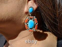 Vintage Navajo Turquoise Coral Cluster Dangle Earring Native American Jewelry