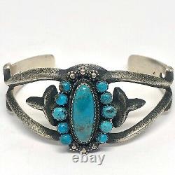 Vintage Navajo Turquoise Cuff Bracelet 6.75in Silver Sand Cast Signed AJB 49g