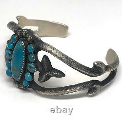 Vintage Navajo Turquoise Cuff Bracelet 6.75in Silver Sand Cast Signed AJB 49g