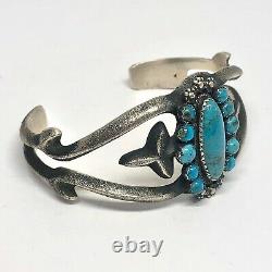 Vintage Navajo Turquoise Cuff Bracelet 6.75in Silver Sand Cast Signed AJB 49g