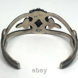 Vintage Navajo Turquoise Cuff Bracelet 6.75in Silver Sand Cast Signed AJB 49g