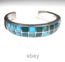 Vintage Navajo Turquoise Inlay Sterling Silver Cuff Bracelet 6-3/4 41g #221