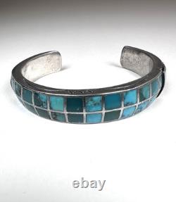 Vintage Navajo Turquoise Inlay Sterling Silver Cuff Bracelet 6-3/4 41g #221