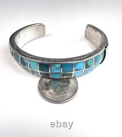 Vintage Navajo Turquoise Inlay Sterling Silver Cuff Bracelet 6-3/4 41g #221