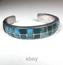 Vintage Navajo Turquoise Inlay Sterling Silver Cuff Bracelet 6-3/4 41g #221
