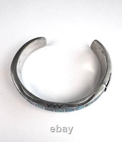 Vintage Navajo Turquoise Inlay Sterling Silver Cuff Bracelet 6-3/4 41g #221