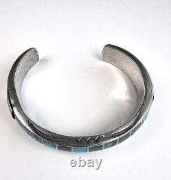 Vintage Navajo Turquoise Inlay Sterling Silver Cuff Bracelet 6-3/4 41g #221