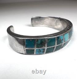 Vintage Navajo Turquoise Inlay Sterling Silver Cuff Bracelet 6-3/4 41g #221