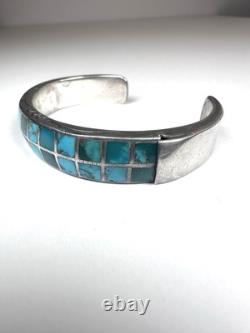 Vintage Navajo Turquoise Inlay Sterling Silver Cuff Bracelet 6-3/4 41g #221