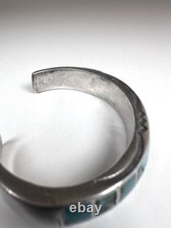 Vintage Navajo Turquoise Inlay Sterling Silver Cuff Bracelet 6-3/4 41g #221