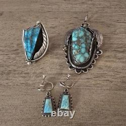 Vintage Navajo Turquoise Jewelry Pendant/ Ring And Earrings/ 3 Total