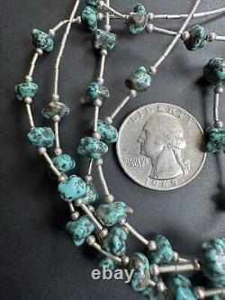 Vintage Navajo Turquoise Nugget Liquid Sterling Silver Necklace 21 29g #270