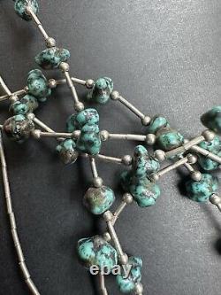 Vintage Navajo Turquoise Nugget Liquid Sterling Silver Necklace 21 29g #270