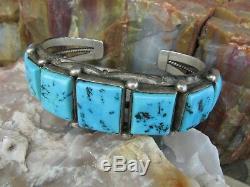 Vintage Navajo Turquoise Old Pawn Square Cut Row Bracelet Sterling Silver Cuff