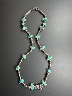 Vintage Navajo Turquoise Silver Bench Bead Heishi Bead Necklace 25 47g #299