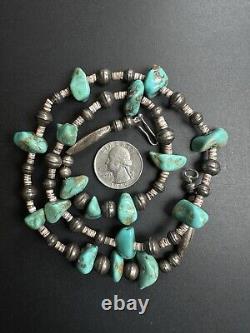 Vintage Navajo Turquoise Silver Bench Bead Heishi Bead Necklace 25 47g #299
