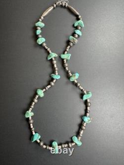 Vintage Navajo Turquoise Silver Bench Bead Heishi Bead Necklace 25 47g #299