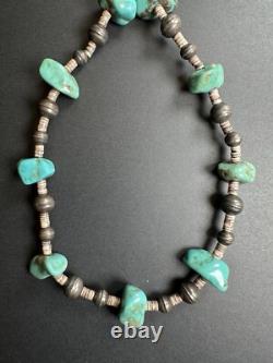 Vintage Navajo Turquoise Silver Bench Bead Heishi Bead Necklace 25 47g #299
