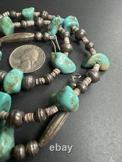 Vintage Navajo Turquoise Silver Bench Bead Heishi Bead Necklace 25 47g #299