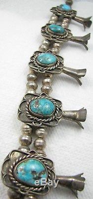 Vintage Navajo Turquoise Sterling Silver Bench Bead Squash Blossom Necklace