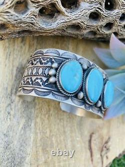 Vintage Navajo Turquoise & Sterling Silver Hand Stamped Cuff Bracelet