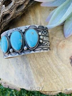 Vintage Navajo Turquoise & Sterling Silver Hand Stamped Cuff Bracelet