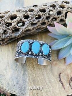 Vintage Navajo Turquoise & Sterling Silver Hand Stamped Cuff Bracelet