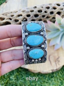 Vintage Navajo Turquoise & Sterling Silver Hand Stamped Cuff Bracelet