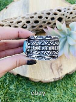 Vintage Navajo Turquoise & Sterling Silver Hand Stamped Cuff Bracelet