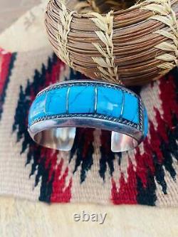Vintage Navajo Turquoise & Sterling Silver Inlay Cuff Bracelet Signed