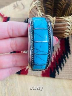 Vintage Navajo Turquoise & Sterling Silver Inlay Cuff Bracelet Signed